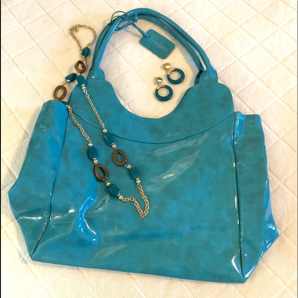 Neiman Marcus shiny teal beach bag tote